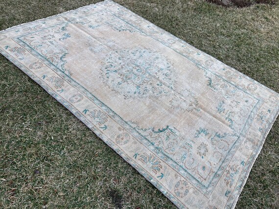 Muted Color Vintage Turkish Oushak Rug, Large Area Rug, Hand Knotted Carpet, Bedroom Floor Rug, Low Pile Distressed Wool Rug, 8'5"x5'7" feet