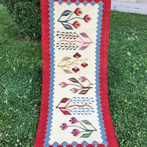 May include: A long, narrow rug with a red background and a white center panel. The center panel features a repeating pattern of stylized flowers in shades of pink, blue, green, and yellow.