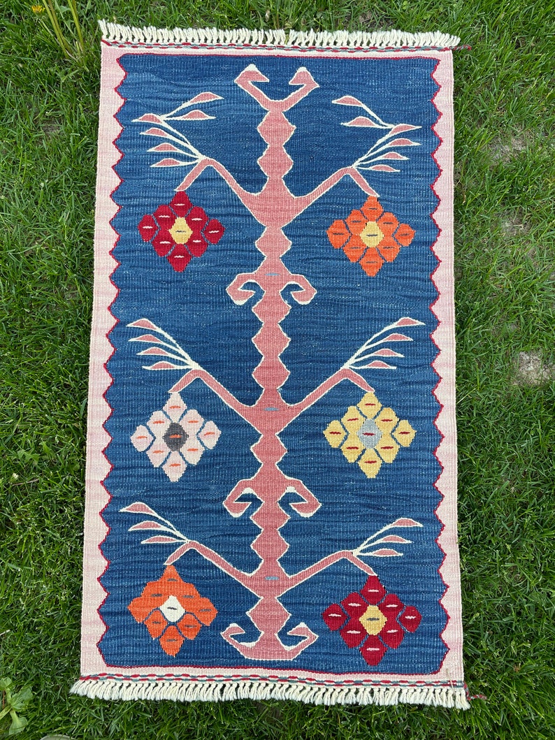Small Rug, Oushak, Vintage Indigo Blue Floor Door Mat, Turkish Rug, Bath Mat Rug, Area Rug, Floor Rug, Hand Made Rug, Bohemian Rug, 2'9x1'7 image 3