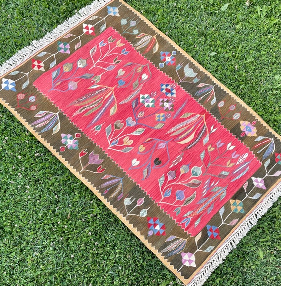 Vintage Turkish Oushak, Pink Kilim Rug, Bohemian Style, Vintage Pink Rug, Boho Kilim Rug, Beach House Rug, Floor Covering, 4’9”x3'3” ft