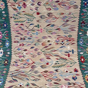May include: A beige rug with a colourful floral pattern. The rug has a green border with geometric designs.