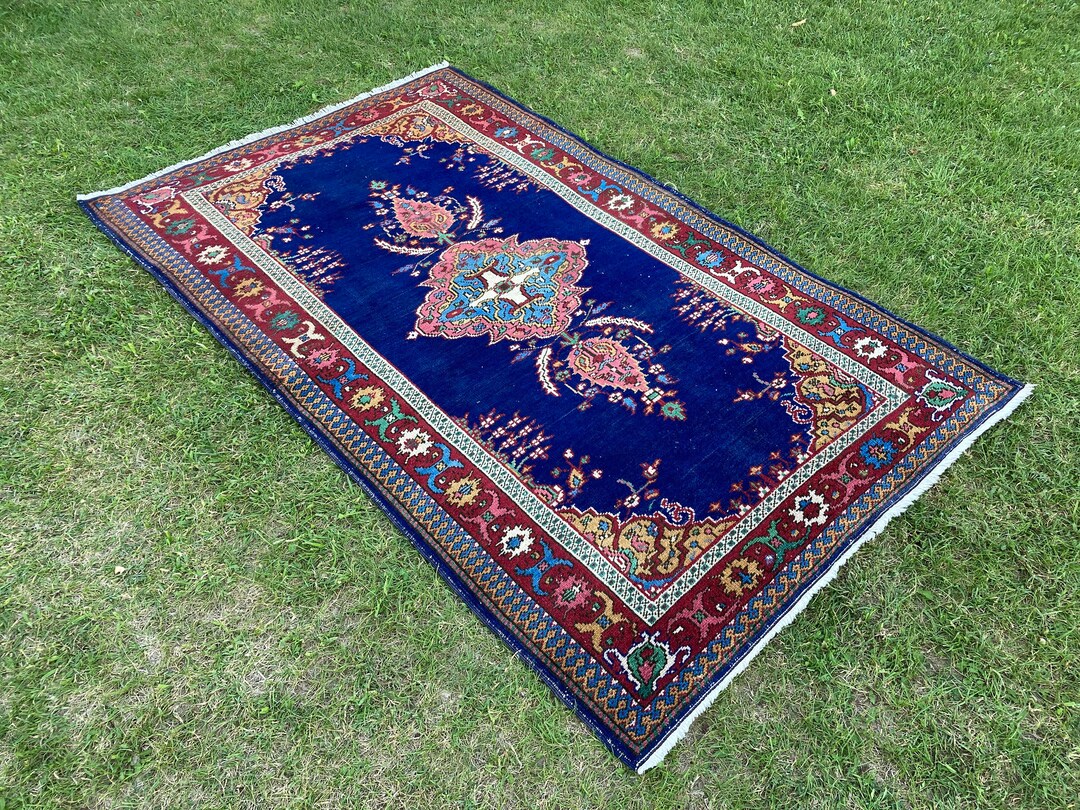 4x64 Oriental Blue Rug, Vintage Rug, Persian Rug, Blue and Pink Rug