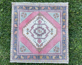 Pink and Navy Blue Square Rug, Bathroom Rug, Vintage Small Rug, Wool Bath Mat, Small Boho Rug, Hand Knot Carpet, Oriental Rugs, 2'3"x2’4" ft