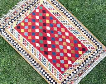 Hand Woven Oriental Turkish Wool Red Kilim Rug, Oushak Kilim Rug, 4'x5'6 ft, Decorative Floor Rugs, Kitchen Rug, Bedroom Area Kilim Rug