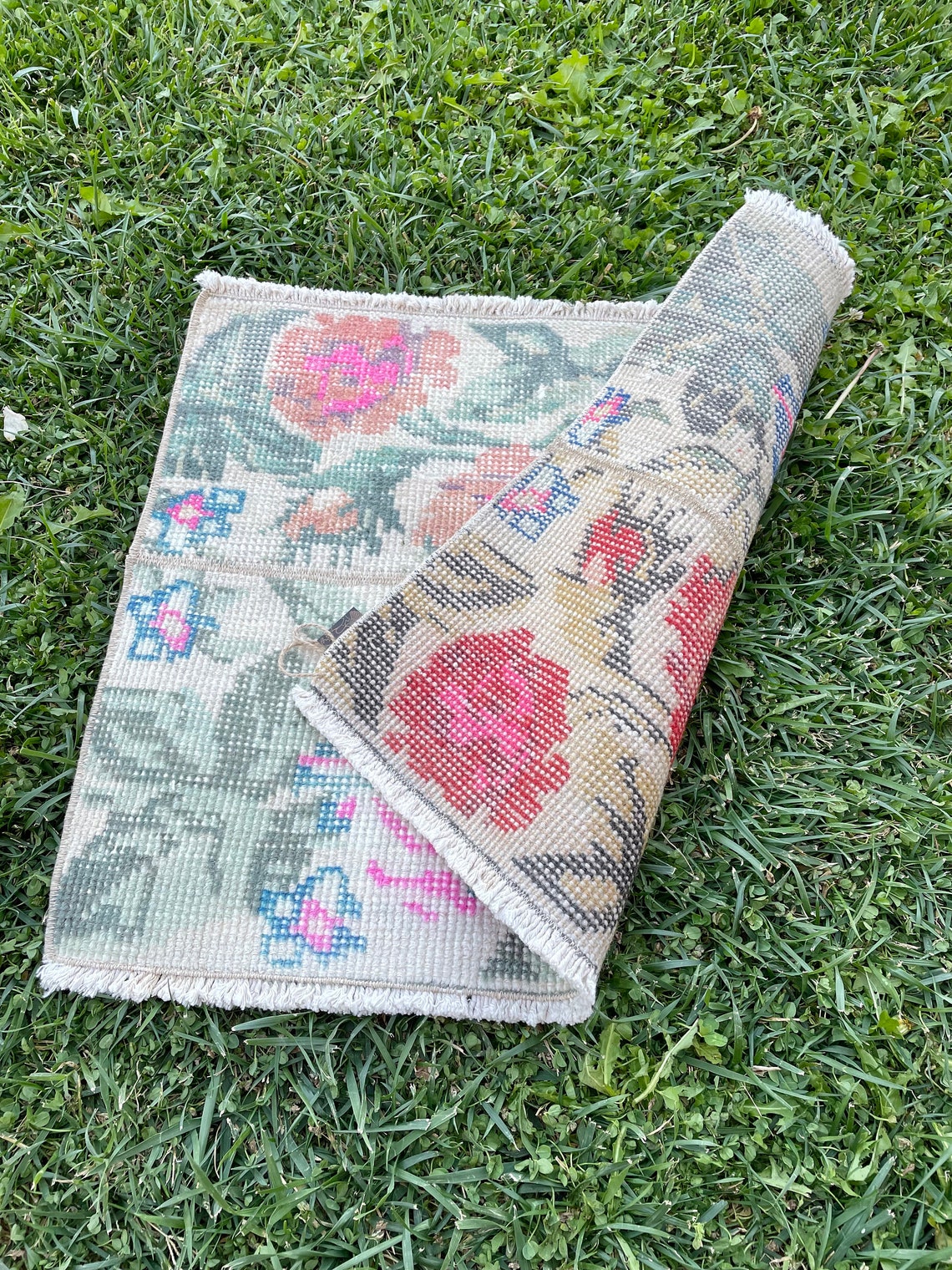 Pink and Navy Blue Square Rug Bathroom Rug Vintage Small Etsy