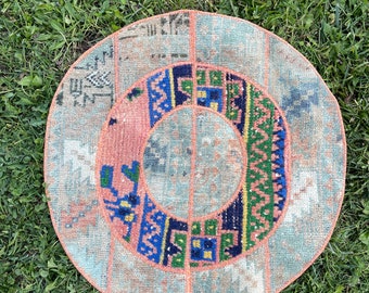 Mini Circle Rug, Small Round Rug, Oval Table Rug, Vintage Patchwork Wool Rug, Handmade Entry Rug, 2x2 Carpet, Turkish Antique Rug