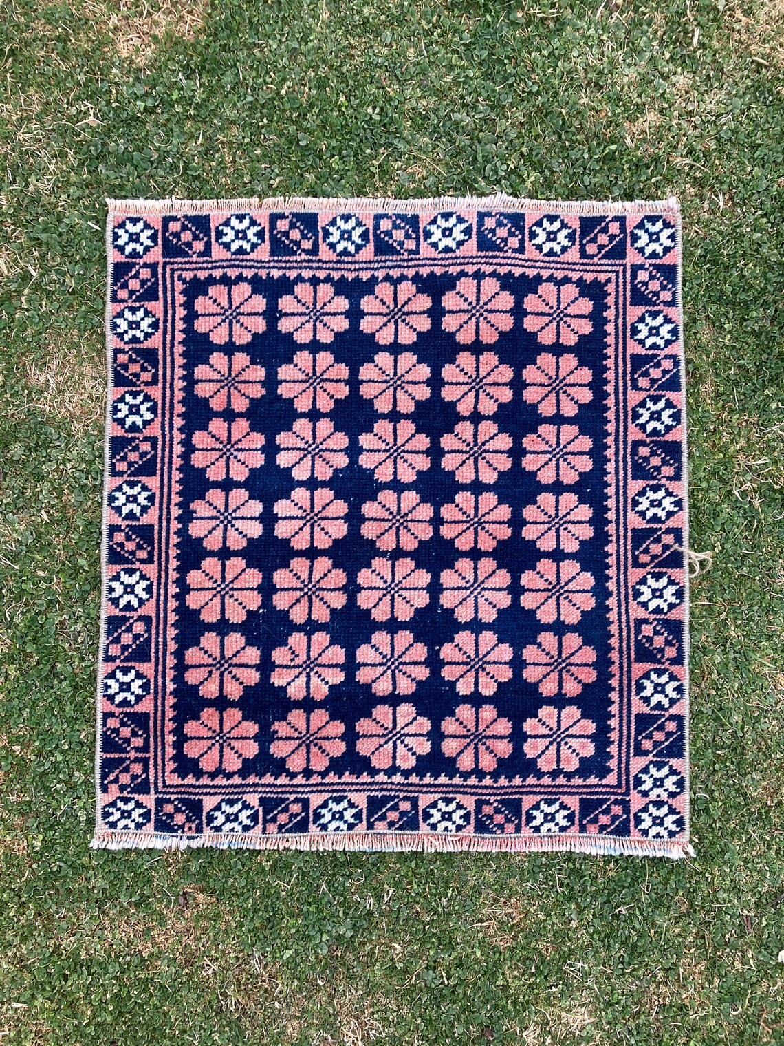 Pink and Navy Blue Square Rug Bathroom Rug Vintage Small Etsy