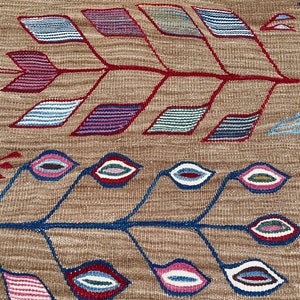 May include: A brown woven rug with a geometric pattern of blue, red, pink, and white leaves and flowers.