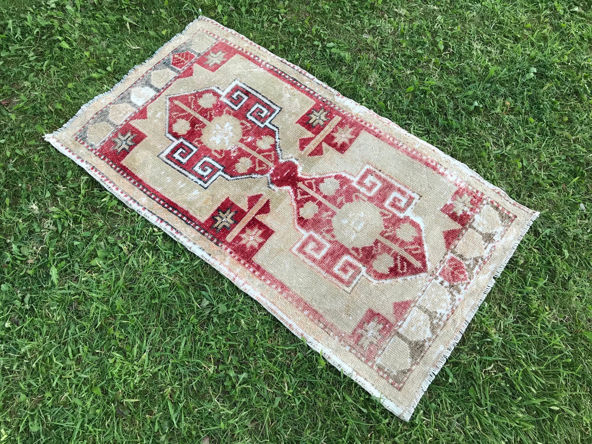 Petit Tapis Turc En Détresse, Petit Oushak Vintage, Noué À La Main, De Porte, Salle Bains, Extérieur, Petits Tapis, 2'x3'6 Pieds