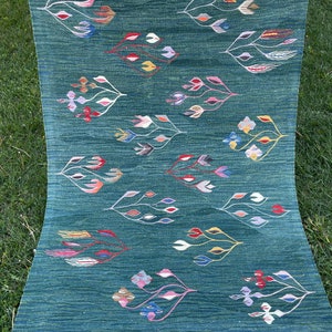 May include: A green rug with a white fringe border features a repeating pattern of stylized floral designs in shades of pink, blue, yellow, and red.