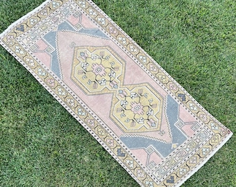 Pastel roze wollen runner vloerkleed, vintage runner vloerkleed, Oushak gang runner vloerkleed, 3 'x 7'ft, laagpolige noodlijdende Turkse hardloper, keuken vloerkleed