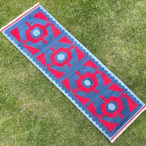Red and Blue Kilim Runner, Short Runner Rug, Modern and Contemporary 2x6 Runner Rug, Oriental Kilim Runner, Kilim Rug Runner, Kitchen Runner
