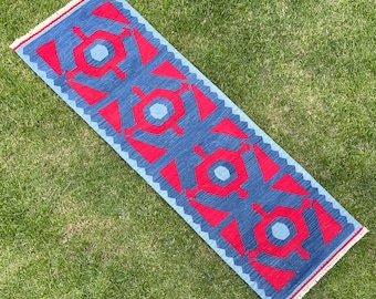 Red and Blue Kilim Runner, Short Runner Rug, Modern and Contemporary 2x6 Runner Rug, Oriental Kilim Runner, Kilim Rug Runner, Kitchen Runner