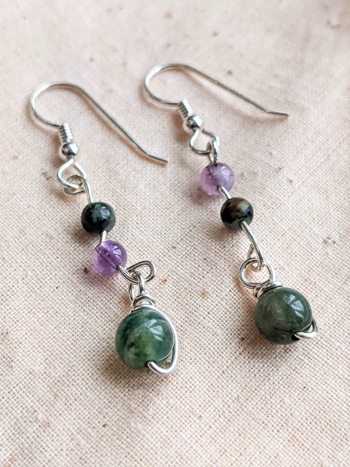 Sterling Silver Dangle Earrings With Purple and Green Moss Etsy Ireland