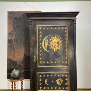 Antique Painted Pine Wardrobe with Sun and Moon Artwork image 1