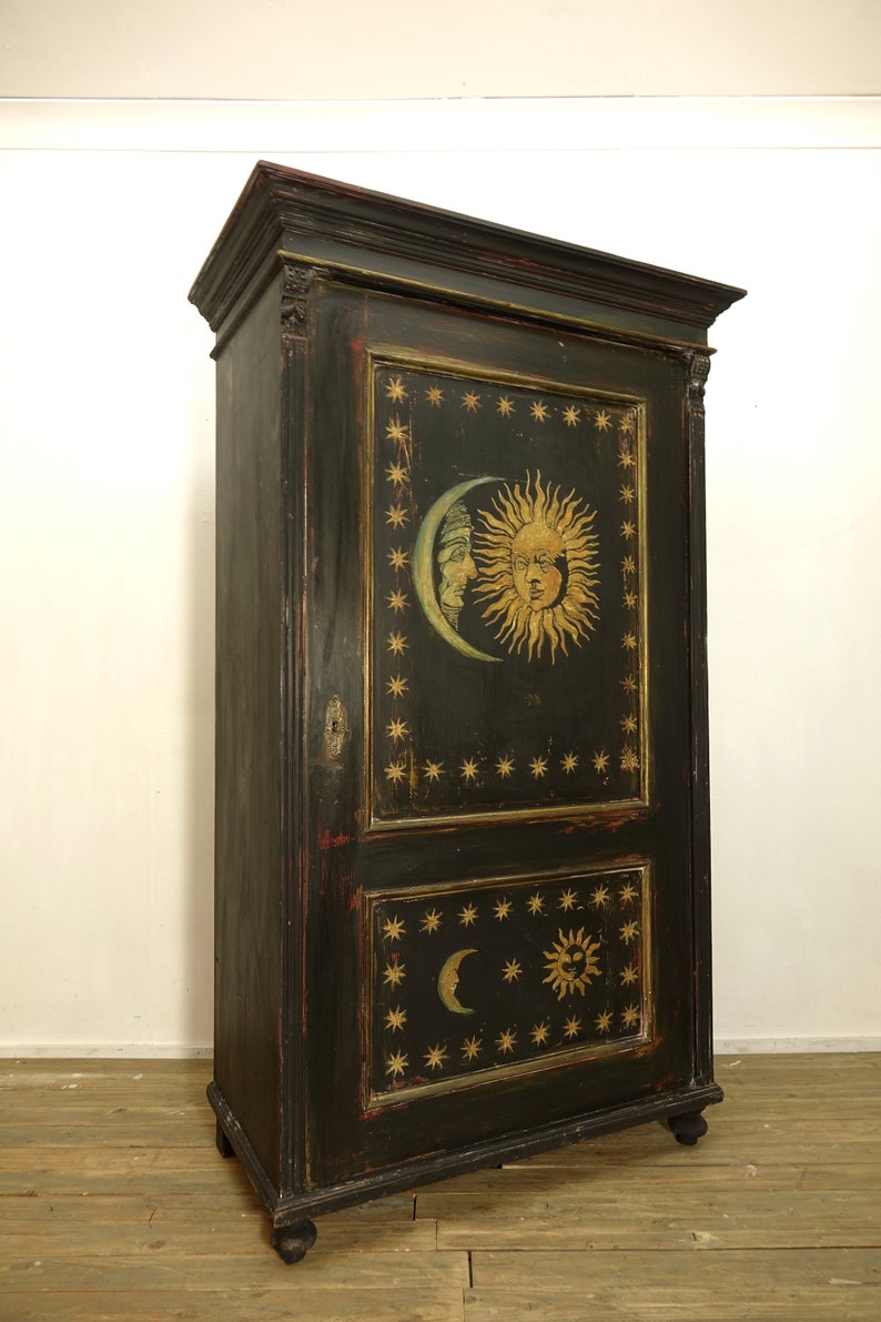 Antique Painted Pine Wardrobe with Sun and Moon Artwork image 2