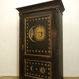 Antique Painted Pine Wardrobe with Sun and Moon Artwork image 6