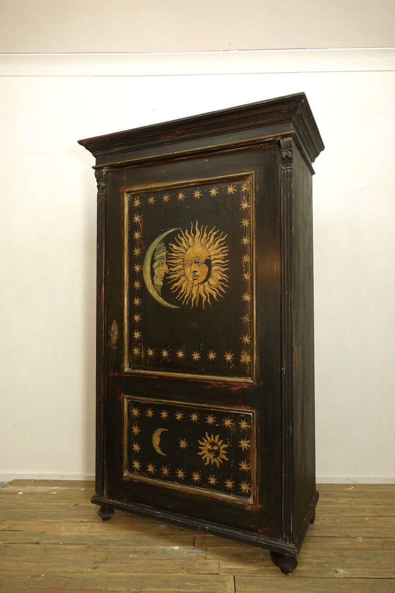 Antique Painted Pine Wardrobe with Sun and Moon Artwork image 6