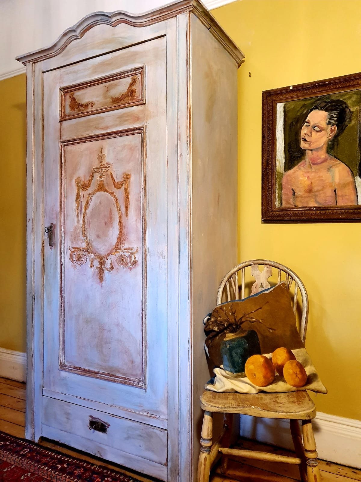 Vintage Painted Pine Armoire Wardrobe With Inlaid Cartouche Etsy