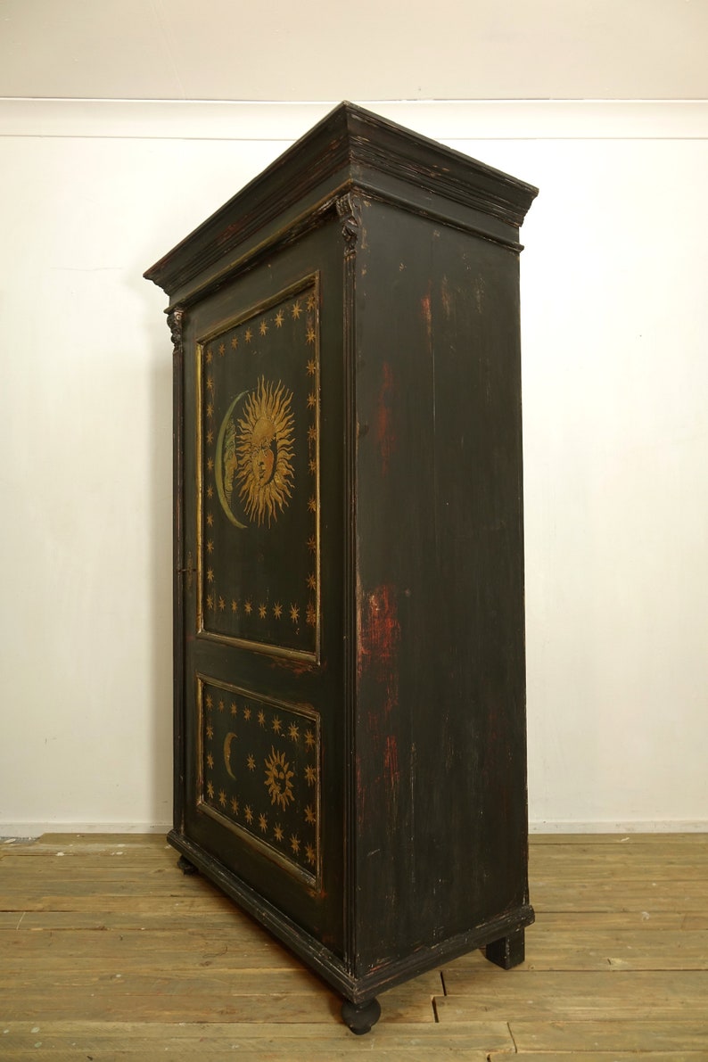 Antique Painted Pine Wardrobe with Sun and Moon Artwork image 4