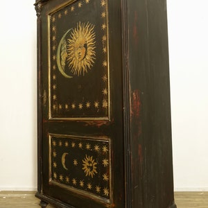 Antique Painted Pine Wardrobe with Sun and Moon Artwork image 5