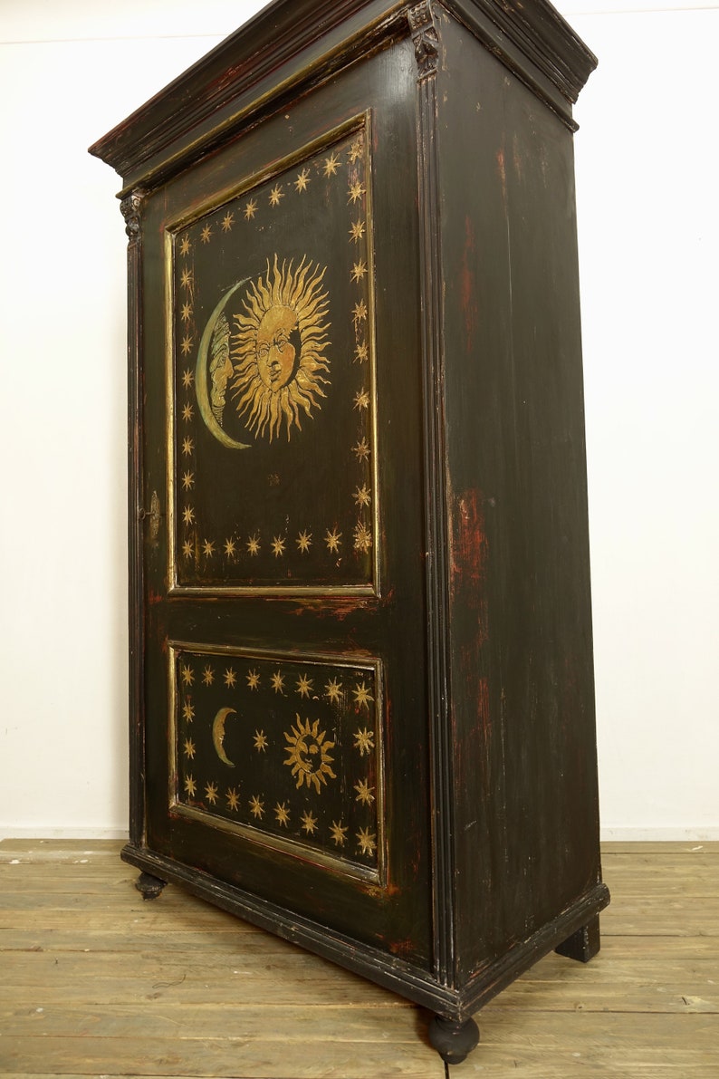 Antique Painted Pine Wardrobe with Sun and Moon Artwork image 5