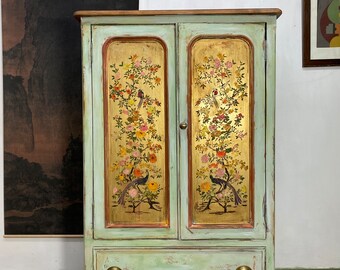 Vintage Painted Pine Small Wardrobe Cupboard with Inlaid Chinoiserie Panels