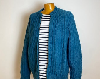 Vintage Hand Knitted Blue Wool Jumper Cardigan