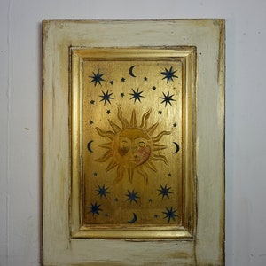 Vintage Reclaimed Pine Door Wall hanging with Celestial Artwork