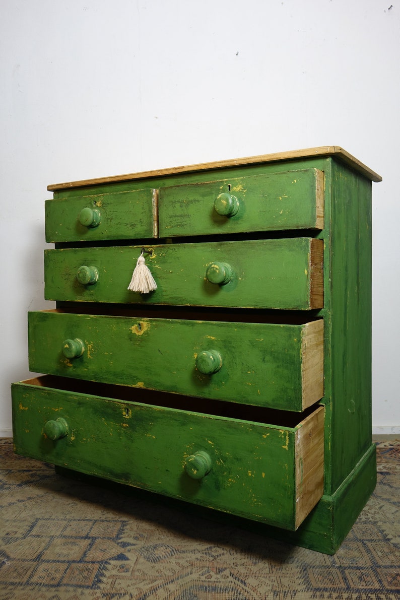 Vintage Painted Pine Chest of Drawers With a Distressed Green Etsy UK