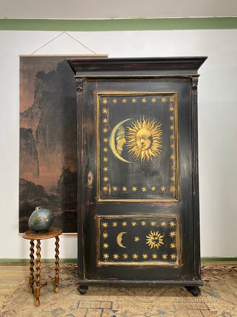 Antique Painted Pine Wardrobe with Sun and Moon Artwork image 1