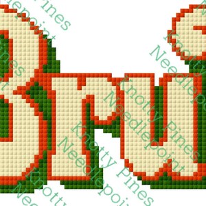 May include: A cross-stitch design spelling out the word "Birth" in a playful, blocky font. The letters are a cream color with a red outline and a green shadow, creating a 3D effect. The design is likely for a needlepoint project.