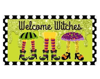 Welcome Witches wreath sign, Halloween witch wreath sign, wreath attachment, wall hanging, Farmhouse decor, Purple and green Halloween