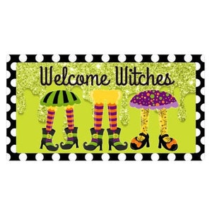 Welcome Witches wreath sign, Halloween witch wreath sign, wreath attachment, wall hanging, Farmhouse decor, Purple and green Halloween