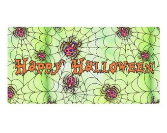 Happy Halloween wreath sign, Spider webs sign,  wreath attachment, wall hanging, Farmhouse decor, Purple and green Halloween