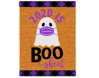 Halloween 2020 Wreath sign, Face mask Halloween ghost, Halloween wall hanging, Farmhouse decor, Purple and green Halloween