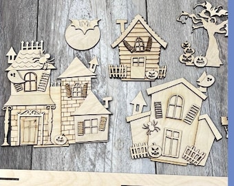 Wood cutout unpainted Halloween houses, Halloween wood décor, DIY wood cutouts, Paint your own Halloween cutout, Karens Kraft Room
