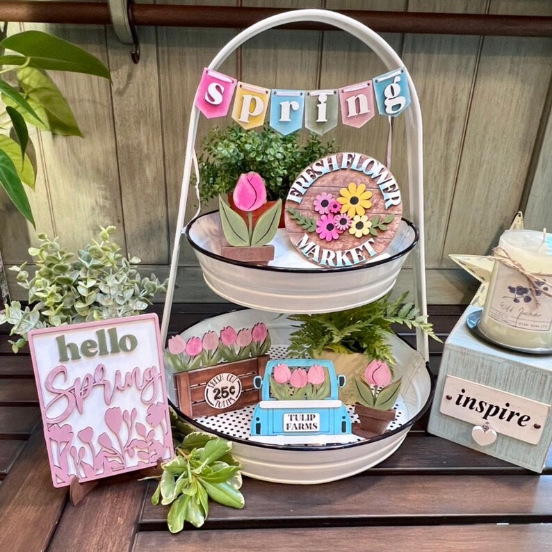 Tiered Tray Décor Spring Truck Tulips Spring Shelf Sitters Etsy