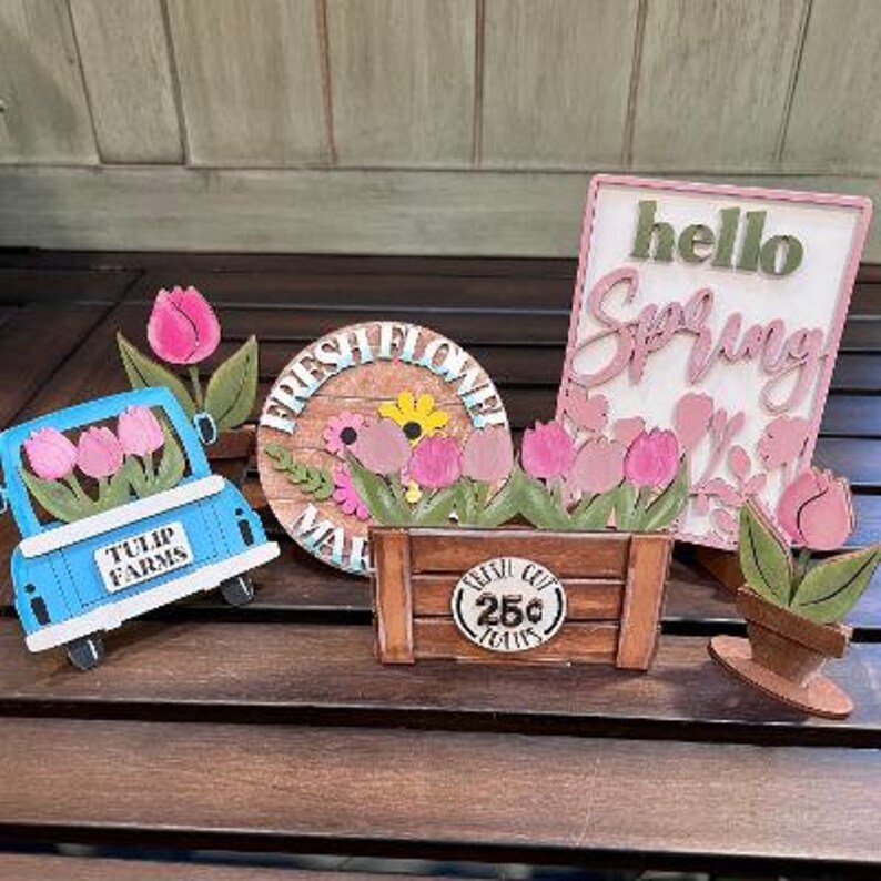 Tiered Tray Décor Spring Truck Tulips Spring Shelf Sitters Etsy