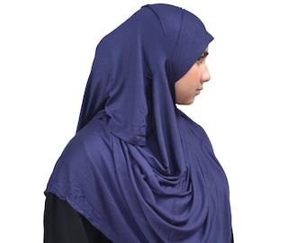 Hiyab de algodón jersey premium de doble cara con lazo, listo para usar, de Hayaa Clothing, color azul marino.