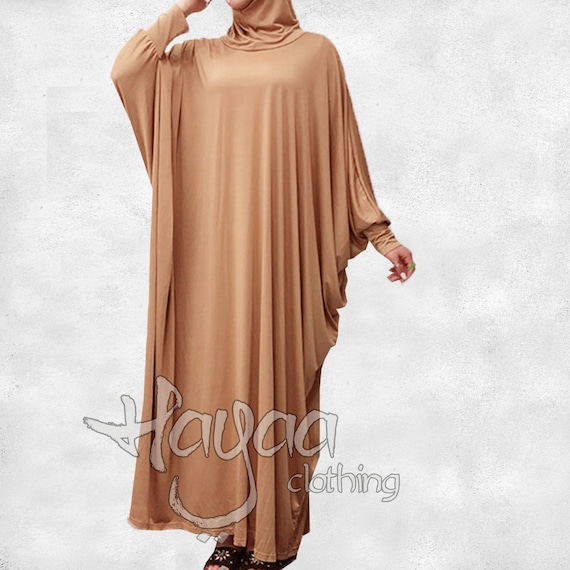 CAMEL Muslim Prayer Dress Attached Hijab Batwing OverSize 56" Long Khimar Isdal Burqa Namaz