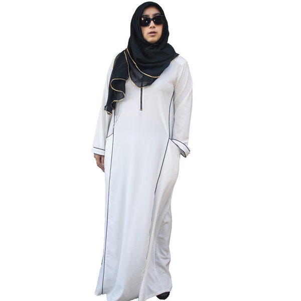 Hayaa ~  OFF White Casual Abaya Princess Cut Long Dress With Piping Details Islamic Clothing M L XL 2XL
