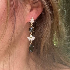 Art Deco Black Starburst Earrings, Vintage Gatsby Gold Dangle Earrings, Geometric Statement Crystal Earrings, 1920s Art Deco Bridal Jewelry