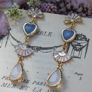Coquette Wedding Earrings, Something Blue Bridal Earrings, Cottagecore Opal Heart Earrings, Art Deco Statement Earrings, Dusty Blue Bride