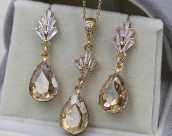 Art Deco Champagner Teardrop Hochzeit Ohrringe, 1920er Gatsby Brautschmuck