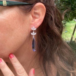 Sapphire Silver Dangle Earrings, Navy Blue CZ Leaf Wedding Earrings, Blue Teardrop Statement Earrings, Bridesmaid Gifts, Bridal Jewelry