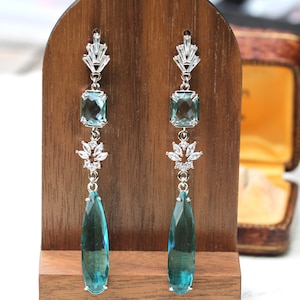 Art Deco Turquoise Earrings, Aquamarine Silver Statement Earrings, Extra Long Blue Crystal Dangle Earrings, Bridesmaid Gifts, Homemade Jewel