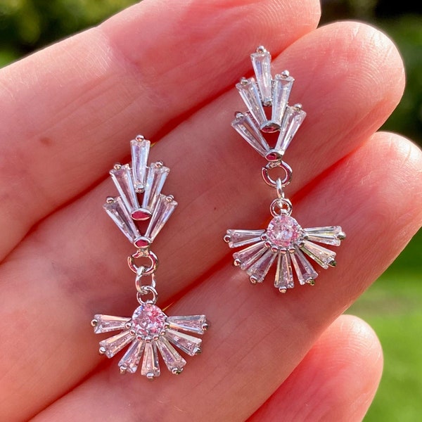 Art Deco Diamond Earrings, Baguette Silver Drop Earrings, Bride Bridal Earrings, Bridesmaid Gifts, Leaf Fan Earrings, Downton, Deco Jewelry