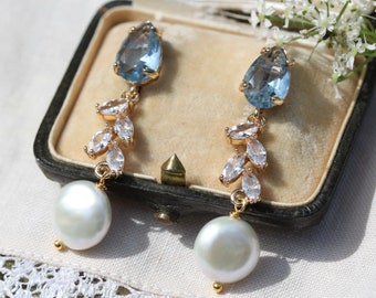 Pearl Bride Earrings, Something Blue Earrings, Pearl Drop Wedding Earrings, Aquamarine Boho Bridal Earring, Bridesmaid Gifts Jewelry, Best