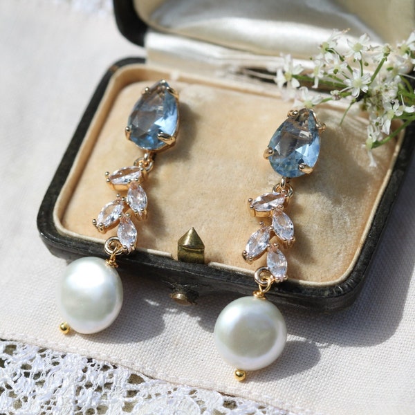 Pearl Bride Earrings, Something Blue Earrings, Pearl Drop Wedding Earrings, Aquamarine Boho Bridal Earring, Bridesmaid Gifts Jewelry, Best